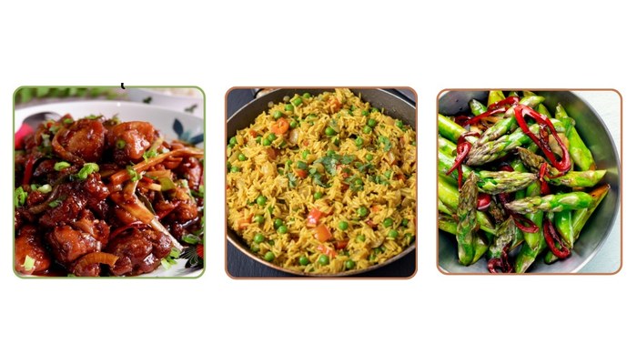 This week's bento, Golden Fragrant Chicken (Kam Heong Chicken), Spiced Rice Pilaf, Sauteed Chilli Crisp Asparagus